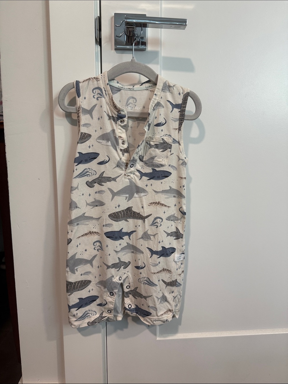 Sleeveless Shark-Print Baby Pajama Romper - Cream & Blue